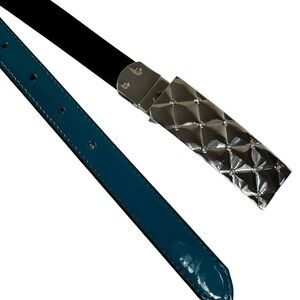 Black and Teal Blue Reversible Women's Designer Belt, Silver Buckle, M/L